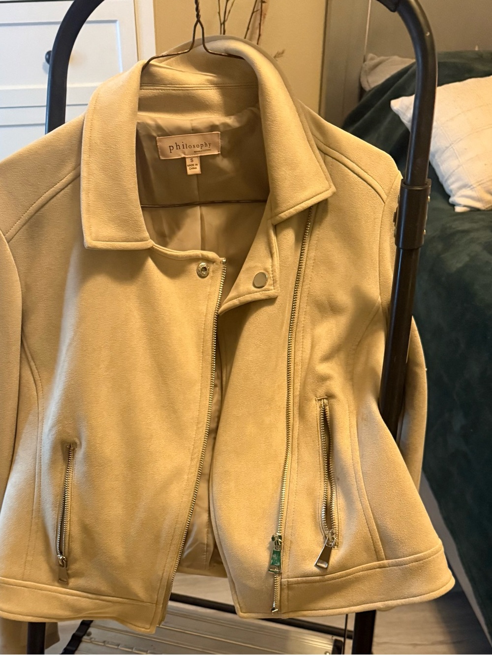Philosophy Cream Suede Zip-Front Moto Jacket